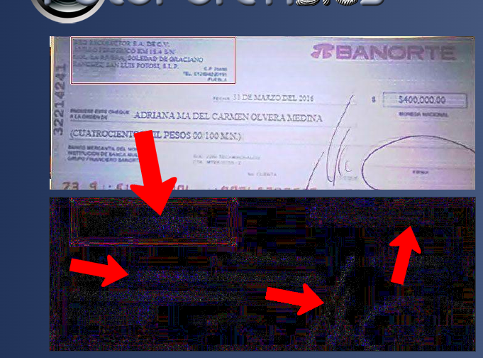 acueductoqro's tweet image. Ayer, durante el debate, el candidato guinda dijo que la mamá de @FeliFerMacias había recibido un cheque de un concesionario y mostró está imagen como prueba.

Si la analizamos podemos ver que existen varias zonas en tonos lilas: es decir EDITADAS, por lo que es #FALSA