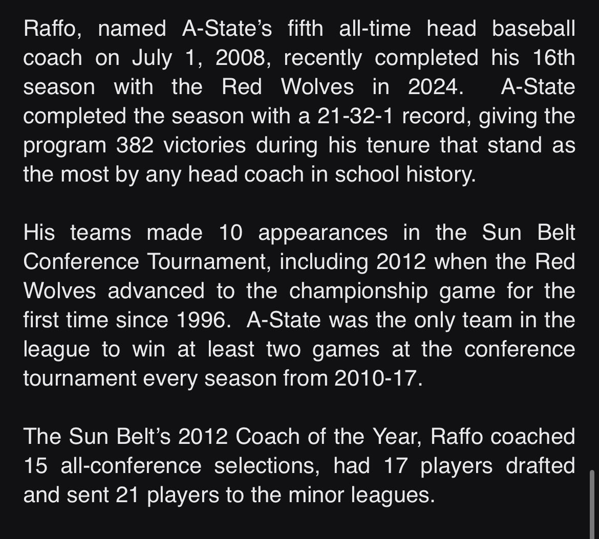Arkansas State Athletics and Vice Chancelor for Intercollegiate Athletics Jeff Purinton have officially announced a change in leadership for #AState baseball. Coach Tommy Raffo was at the helm for 16 seasons.