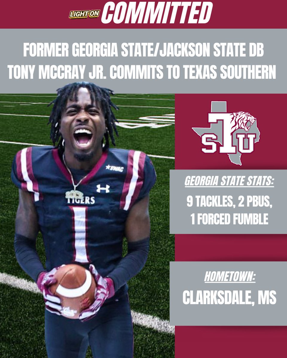 Former Georgia State/Jackson State DB Tony McCray Jr. has committed to Texas Southern, per his social media. 🐅🔥 He totaled 9 tackles, 2 pbus, & 1 forced fumble during his time at Georgia State. The Clarksdale, MS native was rated a 3-Star recruit out of high school.