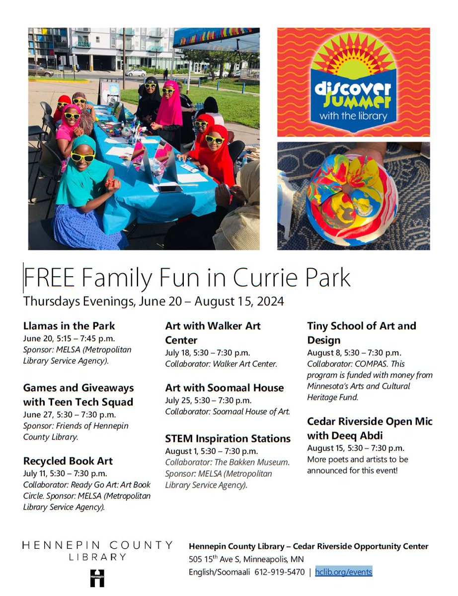 MPLSYCB's tweet image. Discover summer with Hennepin County Library. They have some free family events coming up. Please refer to the flyer for specific events. This link will take you to their full events catalogue —  hclib.bibliocommons.com/v2/events

@Hennepin | @HCLib