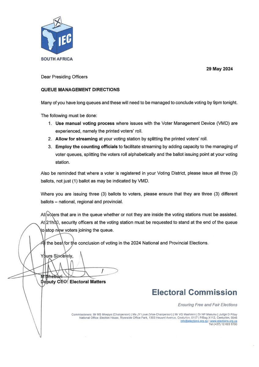 🚨 URGENT: The IEC has confirmed in writing that voters in queues at 21h00 must be assisted. All voters that are in the queue - whether or not they are inside the voting stations - must be assisted. Please share this far and wide.

South Africa is worth rescuing. A long voting