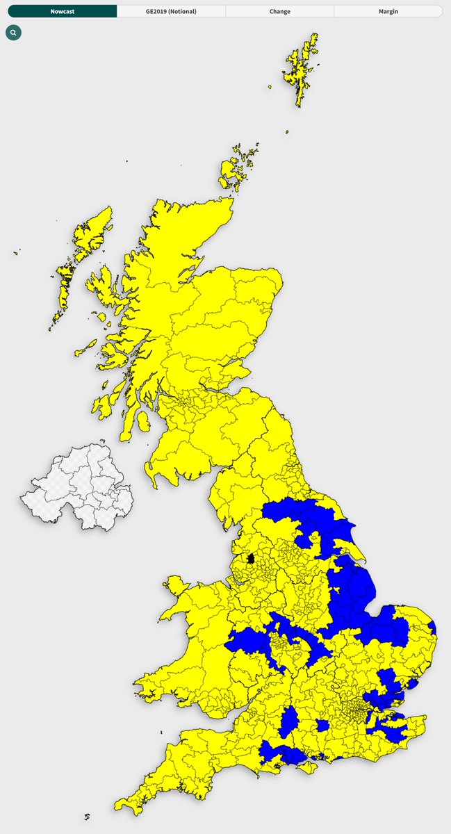 ElectionMapsUK's tweet image. There are just 58 seats where the right-of-centre vote (CON+RFM) is expected to be larger than the left-of-centre vote (LAB+LDM+GRN+SNP+PLC).

Left of Centre: 573
Right of Centre: 58