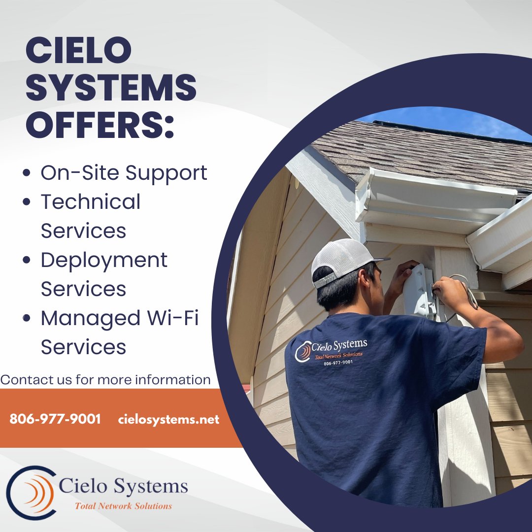 Experience the Cielo Systems advantage with comprehensive on-site support, expert technical services, efficient deployment, and reliable managed Wi-Fi solutions for seamless connectivity. Contact us for more information at 806-977-9001. 
#cielosystems