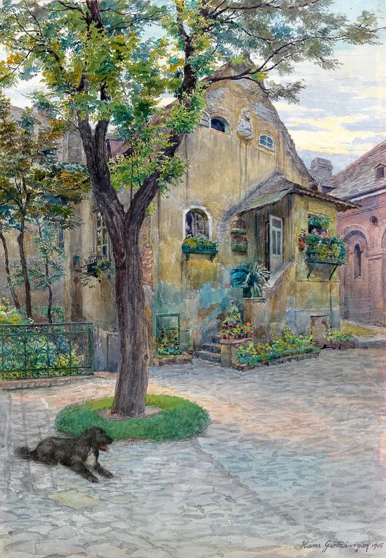 🎨Hans Götzinger (1867–1941) The courtyard in the Amerlingschlössl(former Gumpendorf castle) in Mollardgasse , 1905