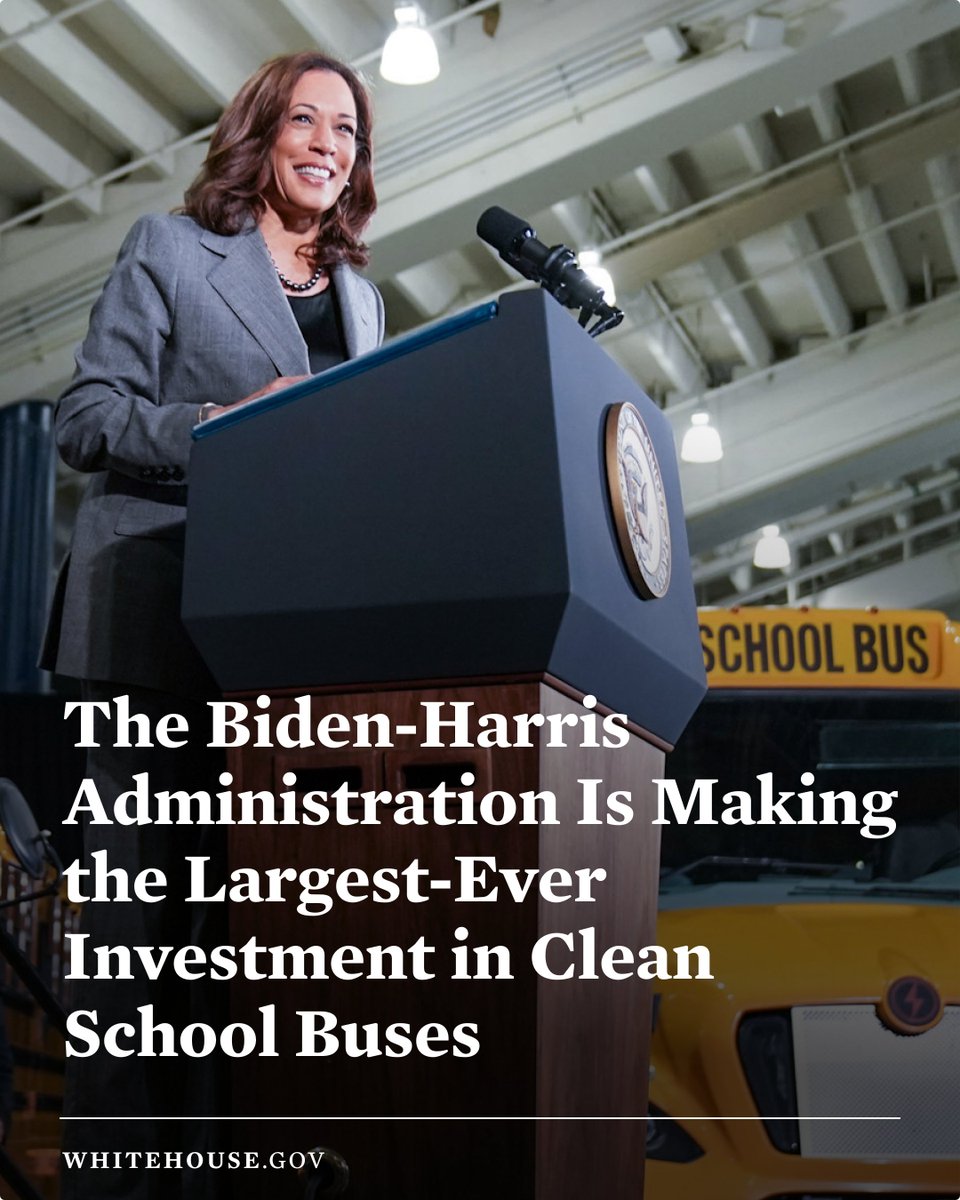 Big News: Our Administration is investing nearly $900 million to purchase over 3,400 clean school buses in 530 school districts across the U.S. 🚌 This investment will improve the air our children breathe, reduce pollution, and create good-paying manufacturing jobs.
