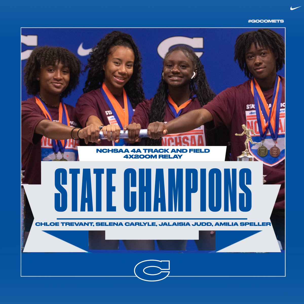 Congratulations ALSO goes out again to our 4x200M women’s relay team who were crowned state champions at the <a href="/NCHSAA/">NCHSAA</a> state championships!  We are so proud of you all!

💍💍💍💍

#GoComets

📸: <a href="/LeoDusablon6/">Leo Du Sablon</a>