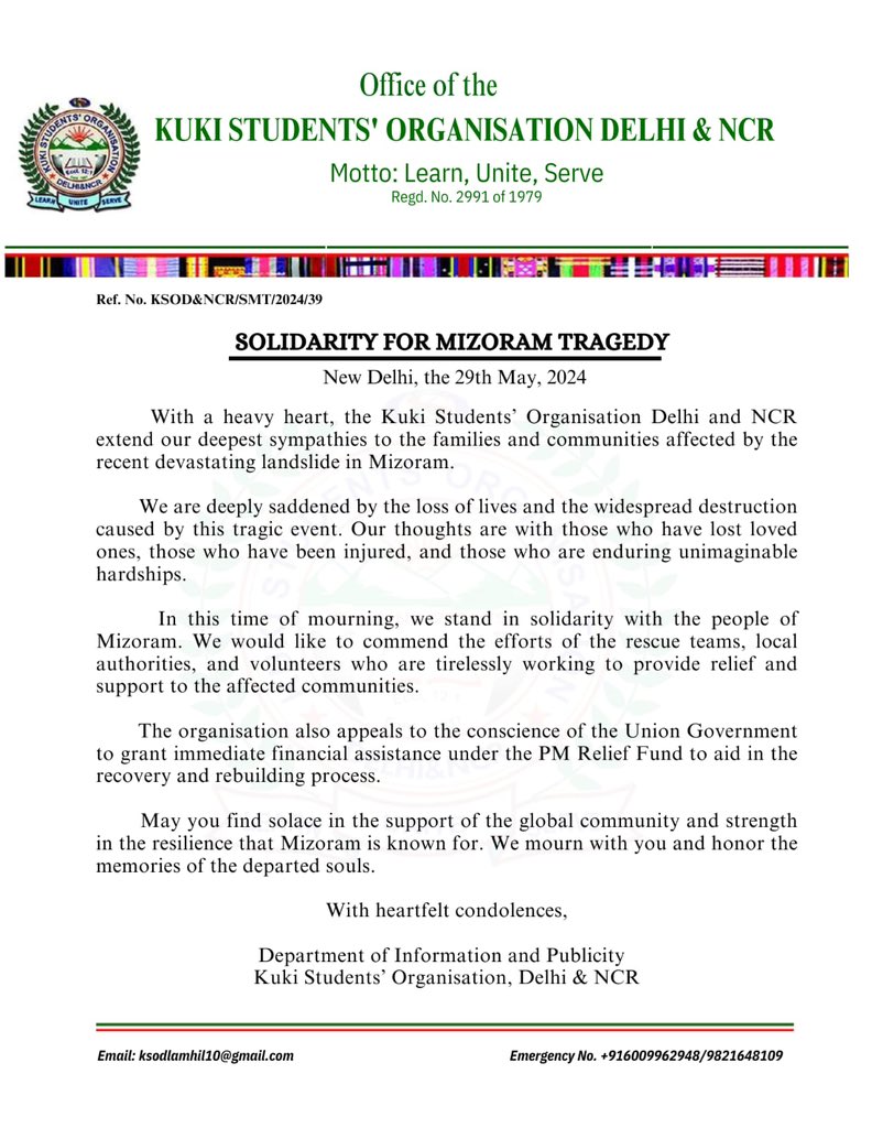 Sumkawn's tweet photo. Mizoram #Landslide
The Kuki Inpi Manipur and Kuki Students' Organization Delhi & NCR express solidarity with the bereaved families of the recent landslide victims in various parts of Mizoram.

#MelthumTragedy
#BloodBrothers

@Lal_Duhoma @ZoramthangaCM @ZonetCableTV @thezozamtimes
@dipr_mizoram @VanlalvenaK
@VanglainiDaily @jon_suante @mizozeitgeist @Vanneihthanga1 
@ANI @PTI_News @IndiaTodayNE @NELiveTV @vijaita @aliyaqut @ANI @PTI_News @MIB_India