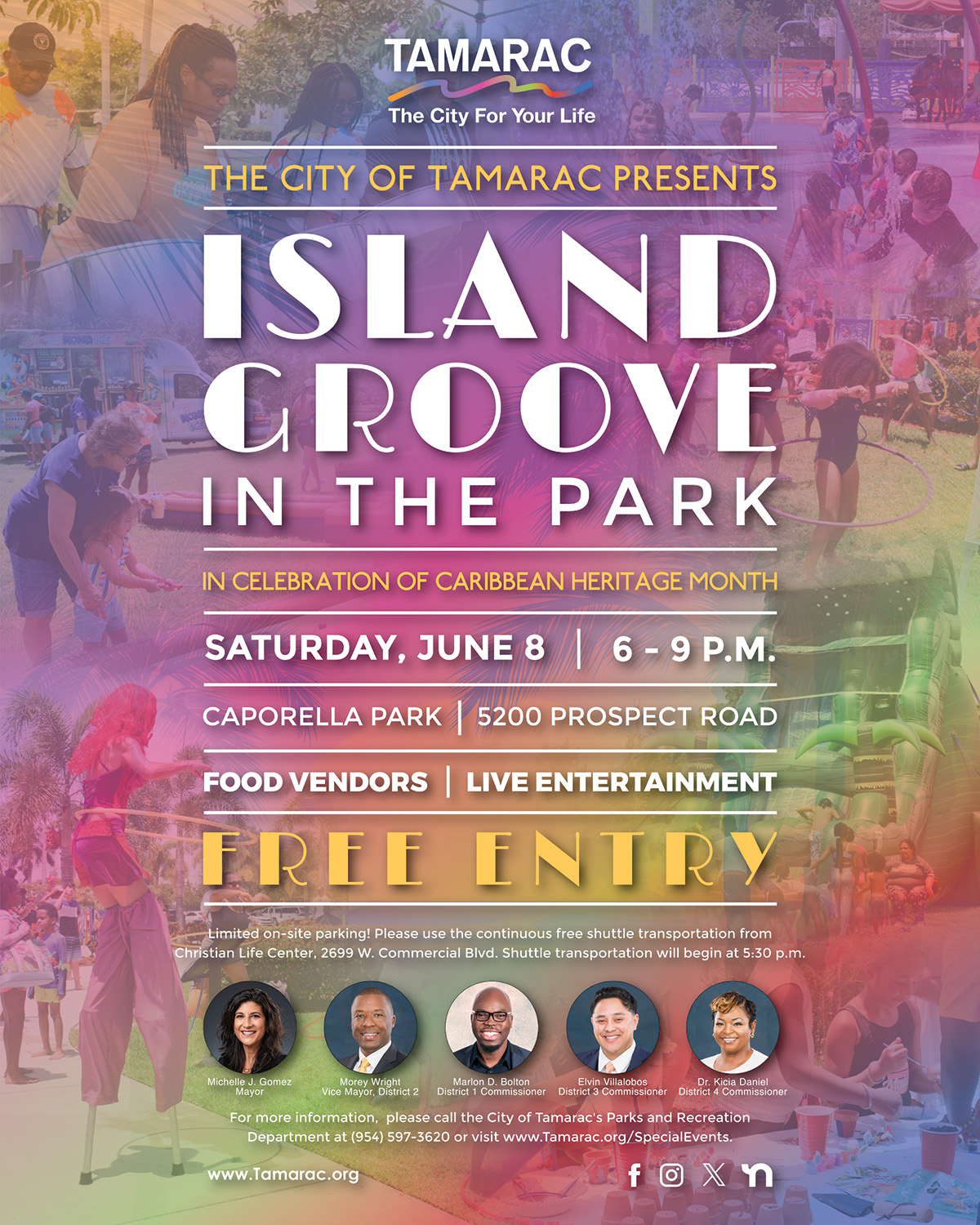City of Tamarac on X Groove with us at Caporella Park 5200 Prospect Rd. for Island Groove In The Park Let s celebrate Caribbean Heritage Month with delicious food vendors live entertainment