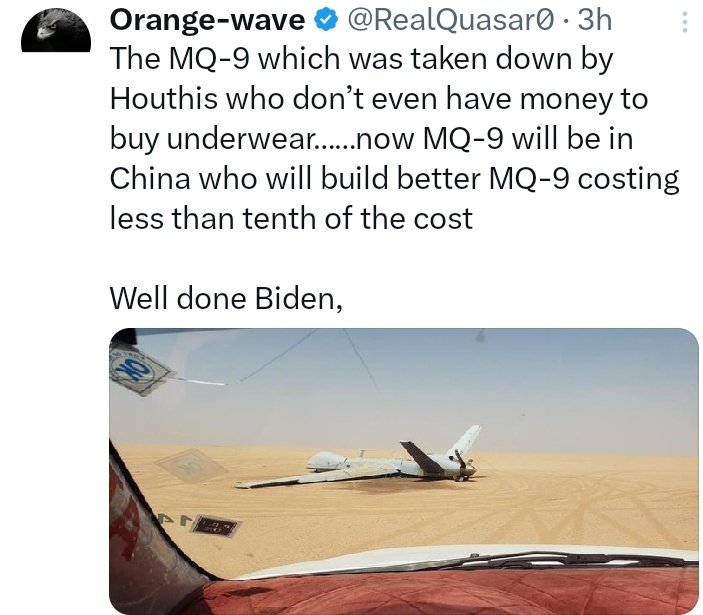 Downed by the resistance! Yemeni Houthis have shot down the 3rd hostile US MQ-9 Reaper this month - a total of six MQ-9 downing by the Houthis after the #RedSea crisis. Funny thing is how Western media is responding as if China needs this obsolete Reaper tech – 🇨🇳 is miles ahead.