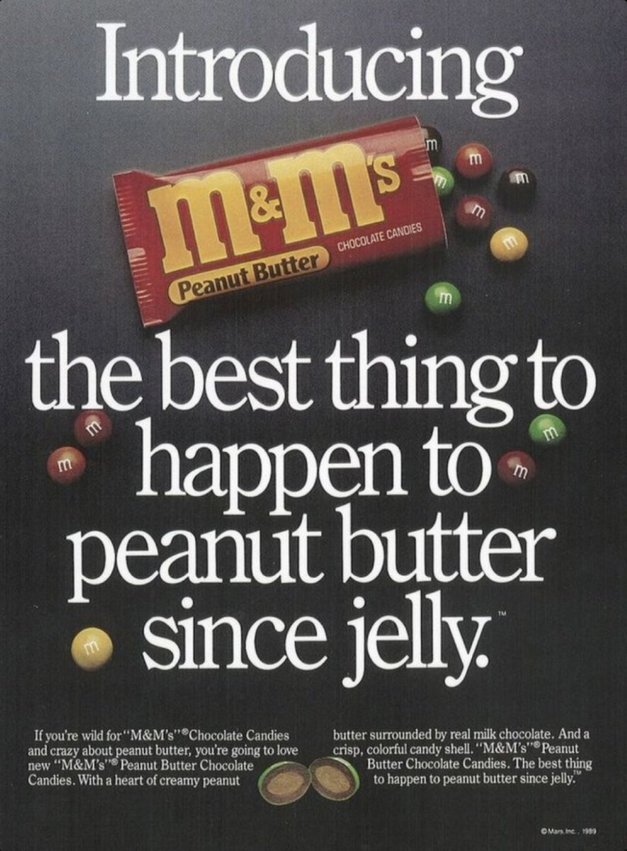 Introducing Peanut Butter M&Ms:

The best thing to happen to peanut butter since jelly. 

#VintageAd (1989)
