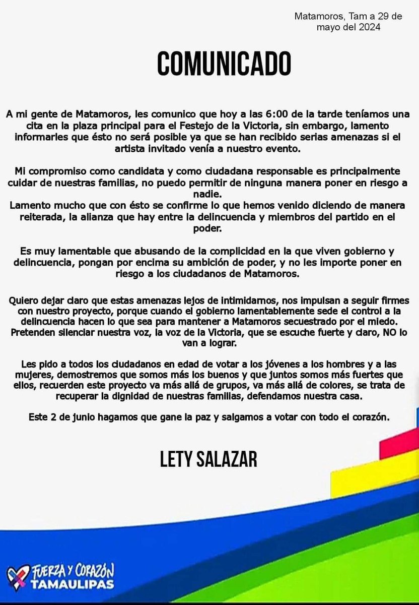 🇹 🇷 🇦 🇰 🇦 🇸  🇭 🇩 🇸 🇵 🇲  
#matamoros
LOS CANDIDATAS LE DICE SALAZAR CANCELA A LUIS R CON RIQUEZA A SU EVENTO DE CIERRE POR LA VICTORIA EL DÍA DE HOY POR AMENAZAS CONTRA EL CANTANTE

@CarlosLoret @azucenau @CiroGomezL @proceso @AztecaNoticias @lopezdoriga 
#reynosa