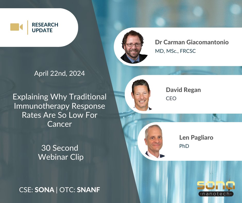 See $SONA $SNANF preclinical study's Principal Investigator, Dr. Carman Giacomantonio, discuss what holds back common immunotherapy response rates and how Sona's THT therapy could help them: youtu.be/VG1eQWzZDG0 
#cancerresearch #Cancer