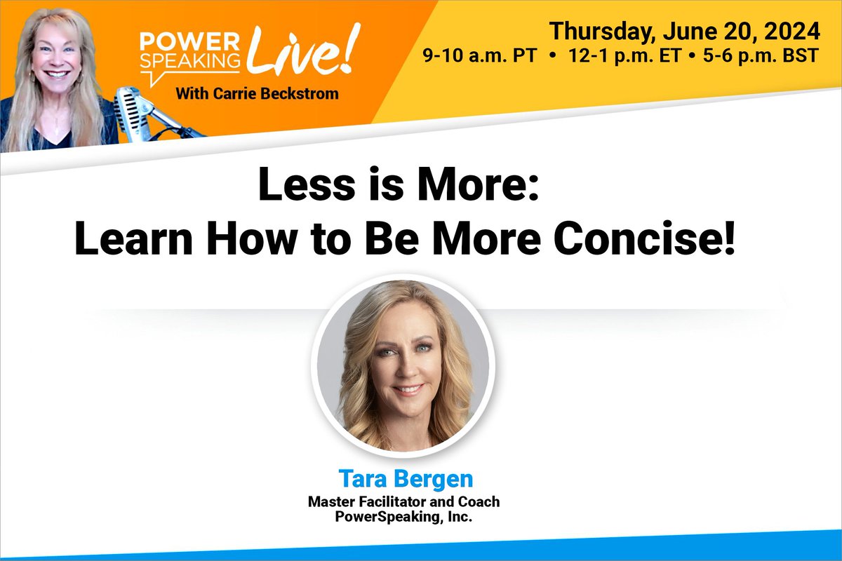 PowerSpeaking's tweet image. Join CEO Carrie Beckstrom and her expert panelist Tara Bergen as they share invaluable, practical steps for increasing your impact through concise communication.

REGISTER: hubs.ly/Q02yTlJV0

#pslive #presentationskills #communicationskills