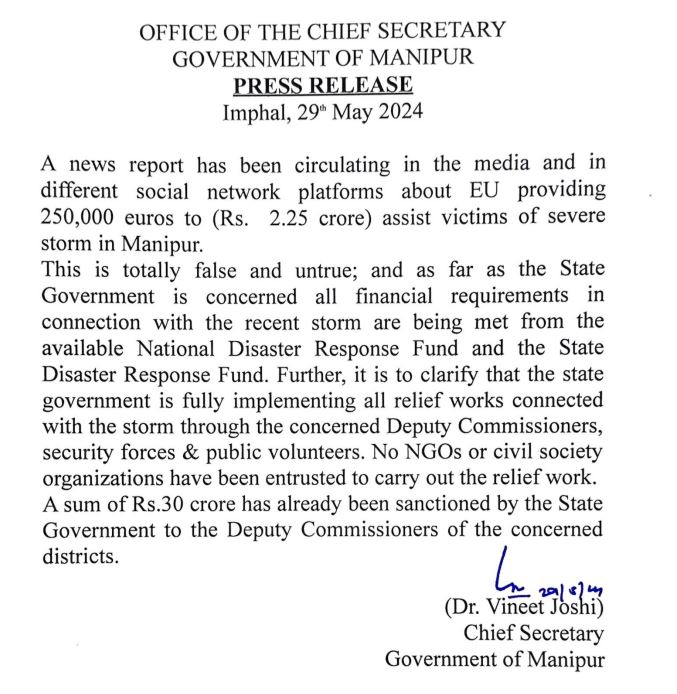 BREAKING: Manipur government says 'no NGO or civil society organisation have been entrusted to carry out relief work... all financial requirements in connection with the recent storm are being met from the available National Disaster Response Fund...' #Manipur