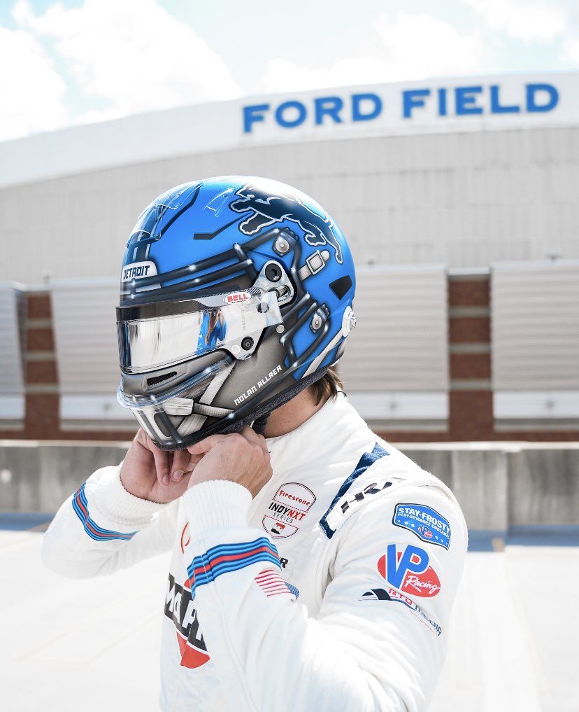 Nolan Allaer rocking the Lions helmet for the Detroit Grand Prix 🔥 📸 : @Lions