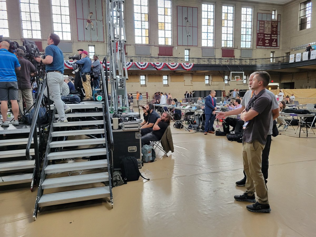 Photos from President Biden's Philadelphia rally: the school's gym is only about half full of supporters A good amount of space is empty and spacious press workspace takes up the rest