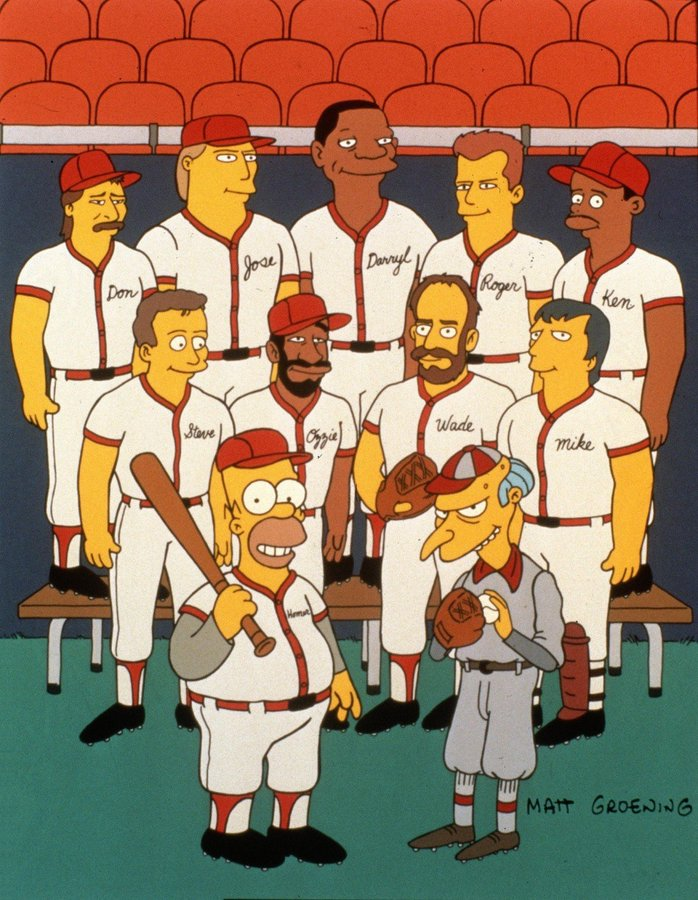 BBGreatMoments's tweet photo. Mattingly, Canseco, Strawberry, Clemens, Griffey, Sax, Smith, Boggs, Scioscia in the Simpsons. https://t.co/u5KR7r2GaN
