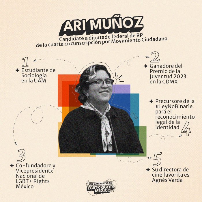 Ari Muñoz (@arimunozmx) es Co-Fundadore de nuestra organización. Además, hoy es candidate a diputade federal de Representación Proporcional de la cuarta circunscripción. Conoce más. 💛🤍💜🖤