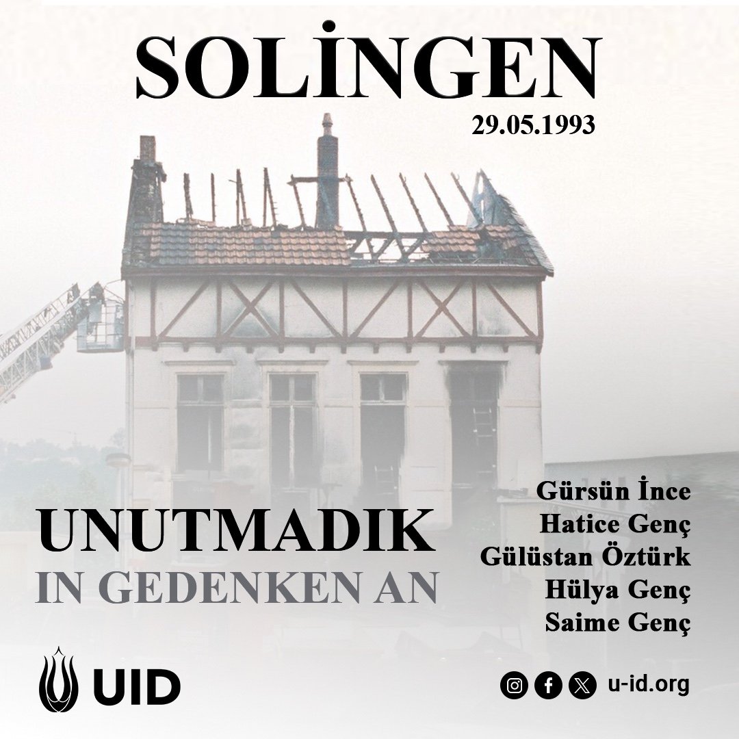 U_I_D's tweet photo. 29 Mayıs 1993 tarihinde Almanya'nın Solingen şehrinde, ırkçı Neonaziler tarafından kundaklanan evlerinde hayatını kaybeden Gürsün İnce, Hatice Genç, Hülya Genç, Saime Genç ve Gülüstan Öztürk'ü rahmetle anıyoruz.
#Solingen
#UlD #uid20yaşında #uidwomen #uidyouth https://t.co/ljDzQfqEta