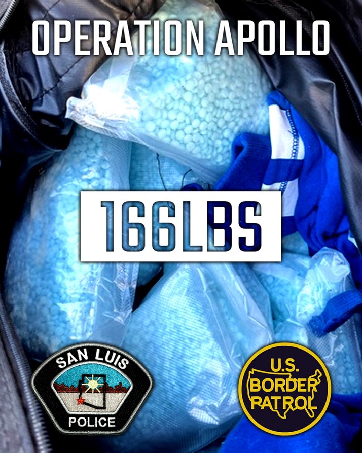 USBPChiefYUM's tweet photo. Over the past three weeks, San Luis Police officers intercepted more than 166 pounds of fentanyl pills while working in support of U.S. Border Patrol’s Operation Apollo. #YumaSector works with our local law enforcement partners to protect our community. #SLPD #onepillcankill https://t.co/34J6ZCUsx3