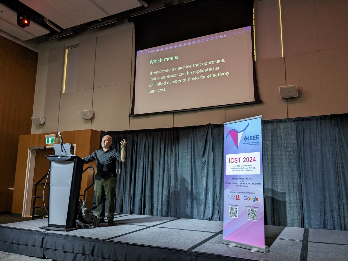 Mike Hoye, delivering an important message about the importance of principled software measurement and testing. "Twitter has probably killed more people than the Therac-25" #icst2024