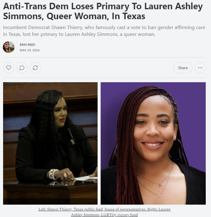 1. In a major defeat for anti-transgender politics, Shawn Thierry loses her primary to Lauren Ashley Simmons, a queer woman. Rep Thierry had given a long anti-trans speech before casting one of the few Dem votes against trans care in the US. Subscribe to support my journalism.