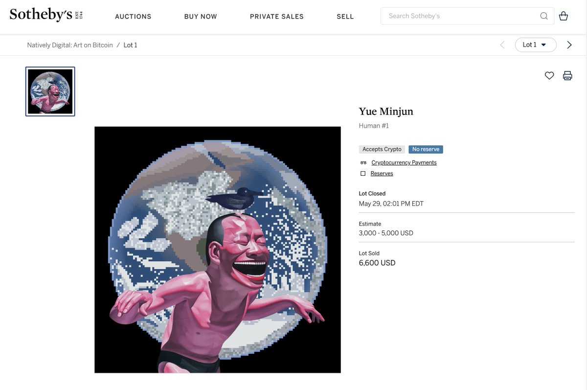 🌎 Human #1 The grail piece from Yue Minjun's Human collection sold for $5,500 ($6,600 including premium) at @Sothebysverse Natively Digital Art on Bitcoin sale, surpassing its high estimate! Get Yours: magiceden.io/ordinals/marke…