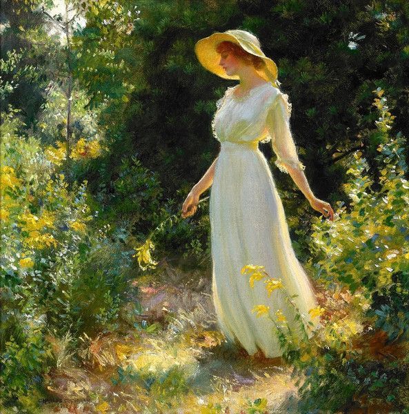 🎨Charles Courtney Curran (1861-1941) Woman in a White Dress in a Garden