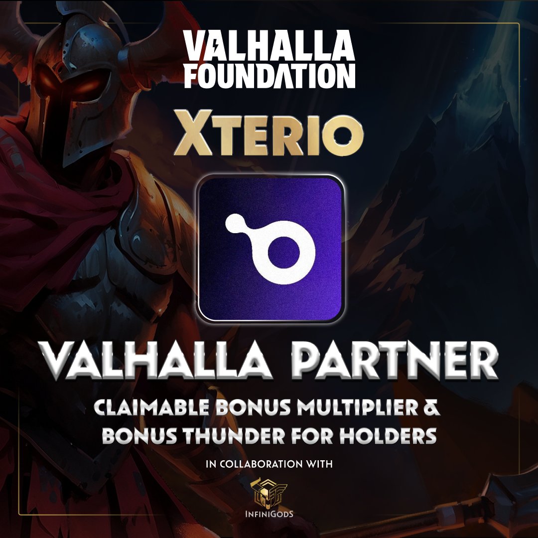 Xterio is partnering with @ValhallaFdn & @InfiniGods for the “Road to Valhalla” questing campaign🤝

🙌Overworld, AOD and Palio holders all have exclusive benefits, such as bonus point allocations, as well as bonus point multipliers to support their journey to glory! 

❤️‍🔥Unite