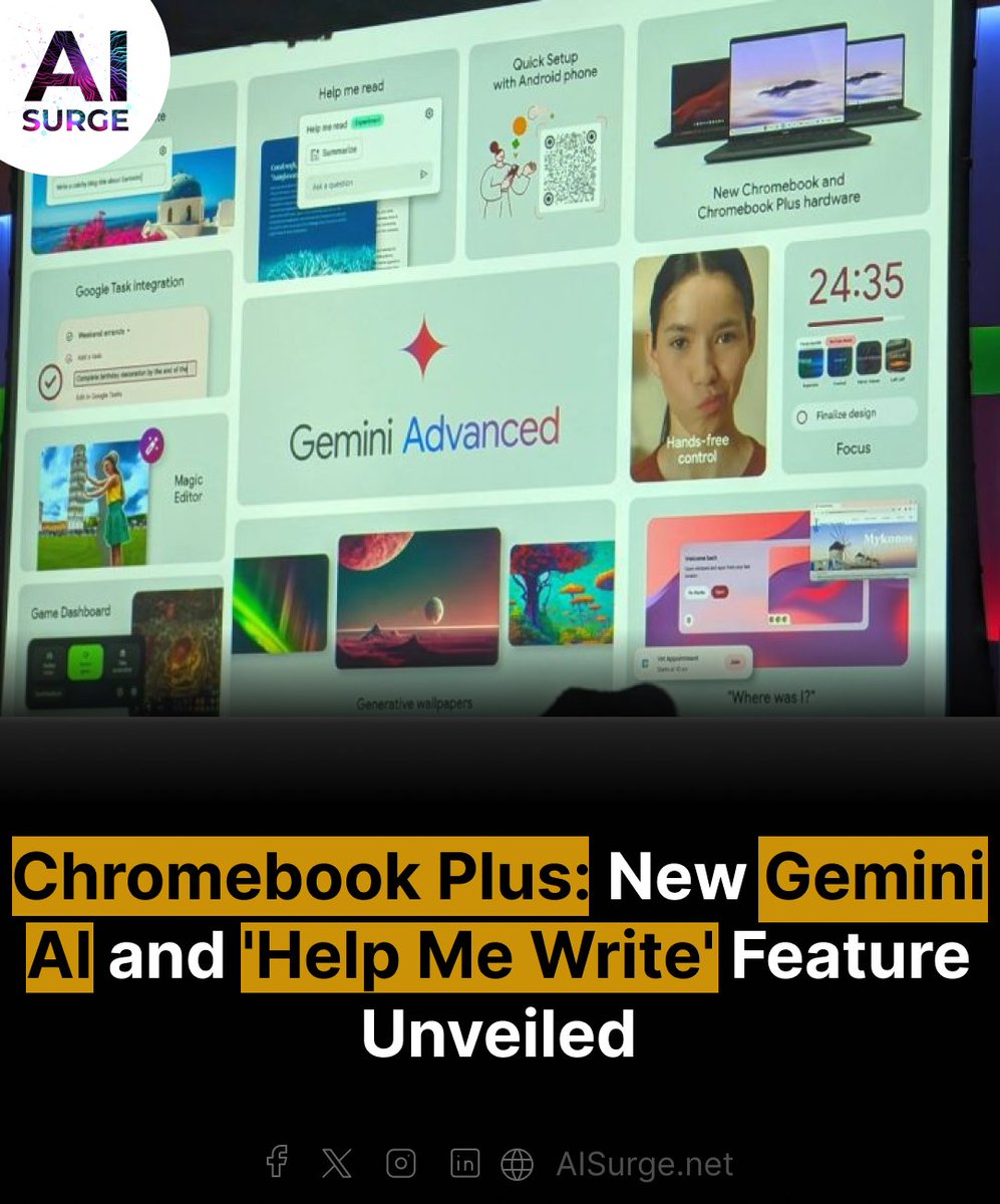 Chromebook Plus adds new @Google AI features: 'Help Me Write,' Gemini, Magic Editor, and more, starting at $350. All Chromebooks now come with enhanced tools and integrations for easier productivity. #ChromePlus #GeminiUpdates