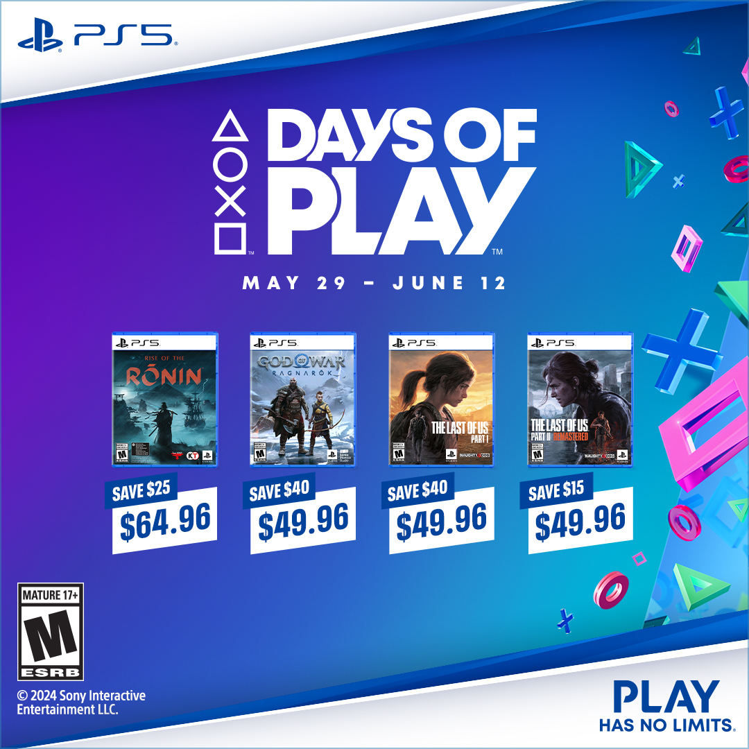 PlayStation's Days of Play sale is on now at Walmart Canada and features hits like:

🇯🇵 Rise of the Ronin
🪓 God of War Ragnarök
🧟 The Last of Us Part I
🌿 The Last of Us Part II Remastered

➡️ ms.spr.ly/6015Y9sAP

With these PS5 games, you could play for literal days! 😅