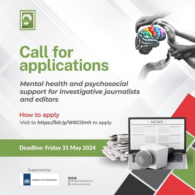 📣 @WSoyinkaCentre, backed by @NLinNigeria, invites watchdog journalists & editors to apply for mental health & psychosocial support.

Selected applicants will be matched with an organisation certified in matters of mental well-being.

Apply by May 31. buff.ly/3yHics8