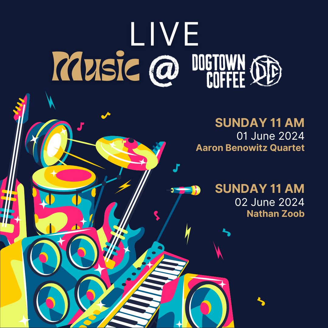 Get ready for a #musicalweekend at #DogtownCoffee! 🎶 Join us on June 1 at 11am for the #AaronBenowitzQuartet and again on June 2 at 11am for #NathanZoob. Enjoy #livemusic, great coffee, and a fantastic atmosphere! ☕️🎵 

#LiveMusic #WeekendVibes