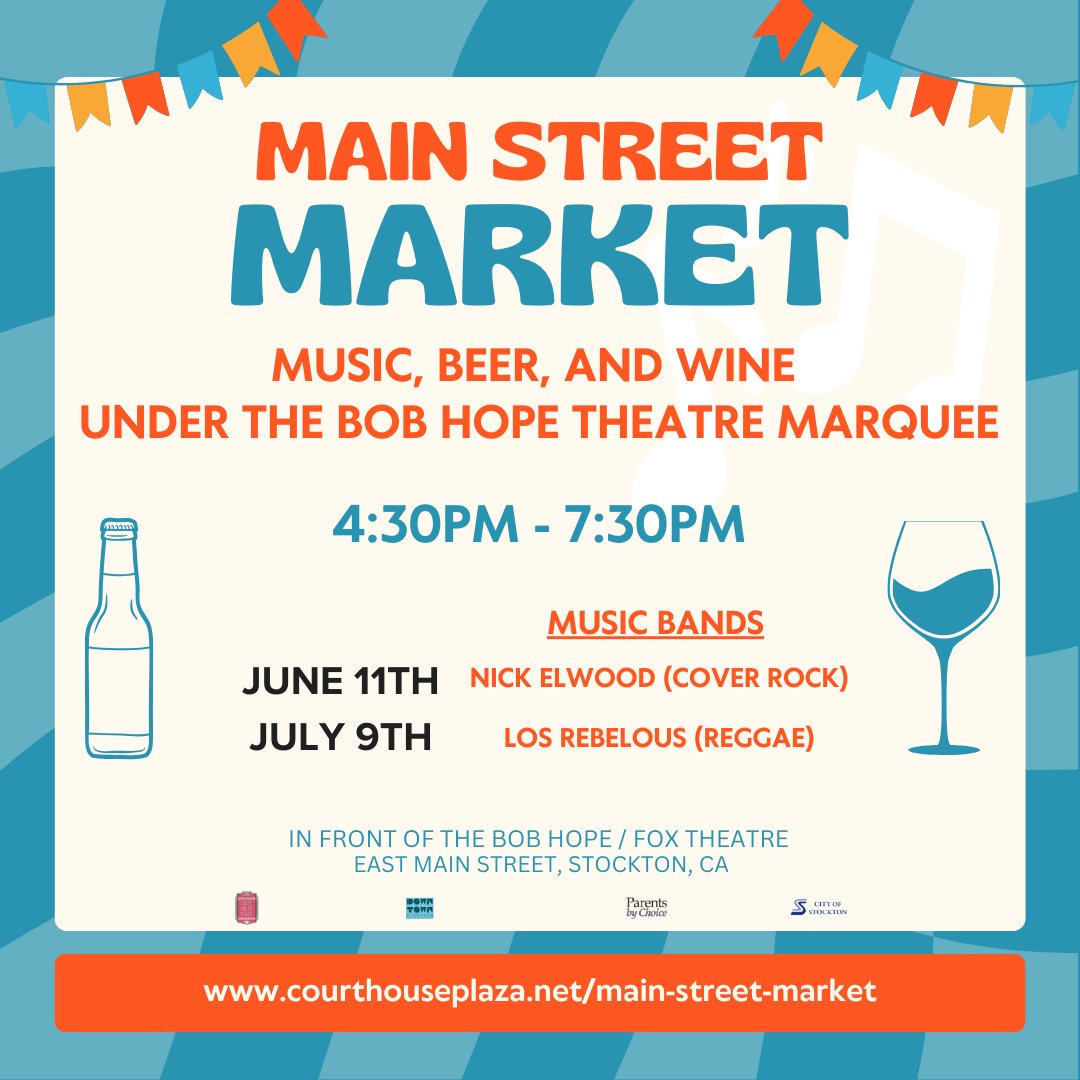 The next Main Street Market, in front of the Bob Hope Theatre, is June 11th from 5:30PM - 7PM! The Nick Elwood Band will be playing live cover rock along! 🎸🎤

There will also be beer and wine available at the event.
#downtownstockton #stocktonca #mainstreetmarket #nickelwood