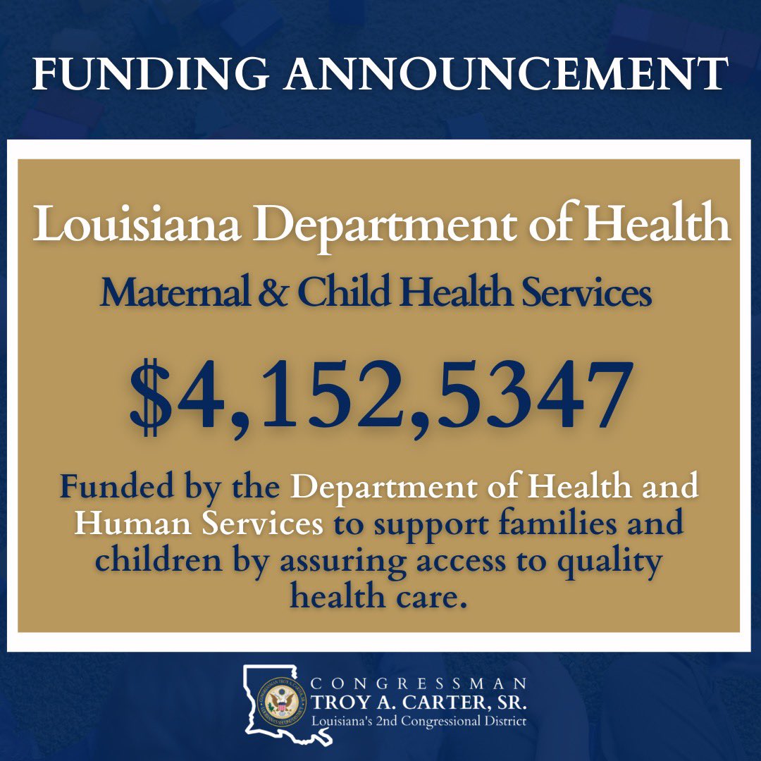 .@LADeptHealth has received $4,152,534 for maternal and child health services. I’m proud to secure funding that supports the well-being of families in #Louisiana.