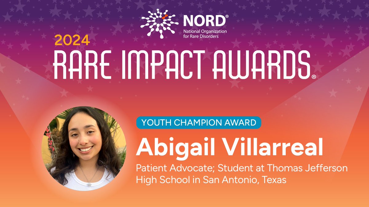 Our 2024 #RareImpactAwards Youth Champion—the first ever—is Abigail Villarreal, #phenylketonuria (#PKU) advocate and student from #SanAntonio!

Abby created “Be Rare Spirit Day,” a high school event that will continue on after she graduates. Learn more: rareimpact.org