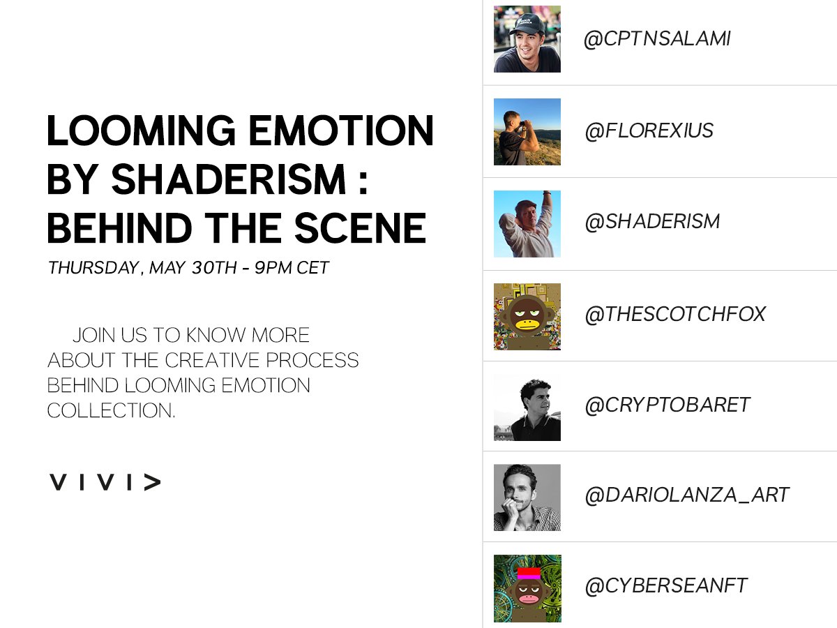 Join our spaces tomorrow, May 30th at 9pm CET for 'Looming Emotion by @shaderism: Behind the scenes'. Shaderism will talk about the process & the concept behind our newest curated collection🪞 Set your reminders! ⬇️