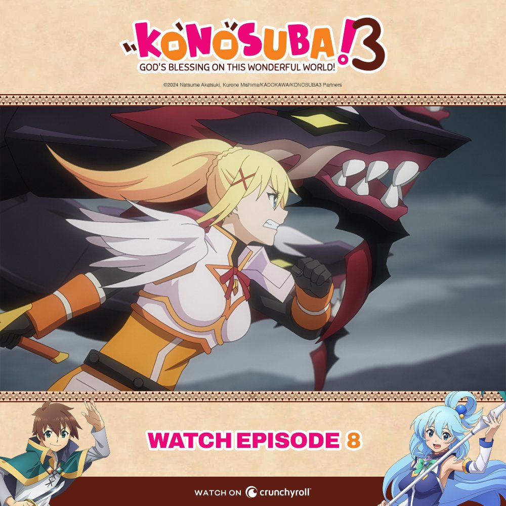 The latest episode of KONOSUBA -God's blessing on this wonderful world! 3 is now available on @Crunchyroll ✨ Watch: got.cr/konoe8-tw