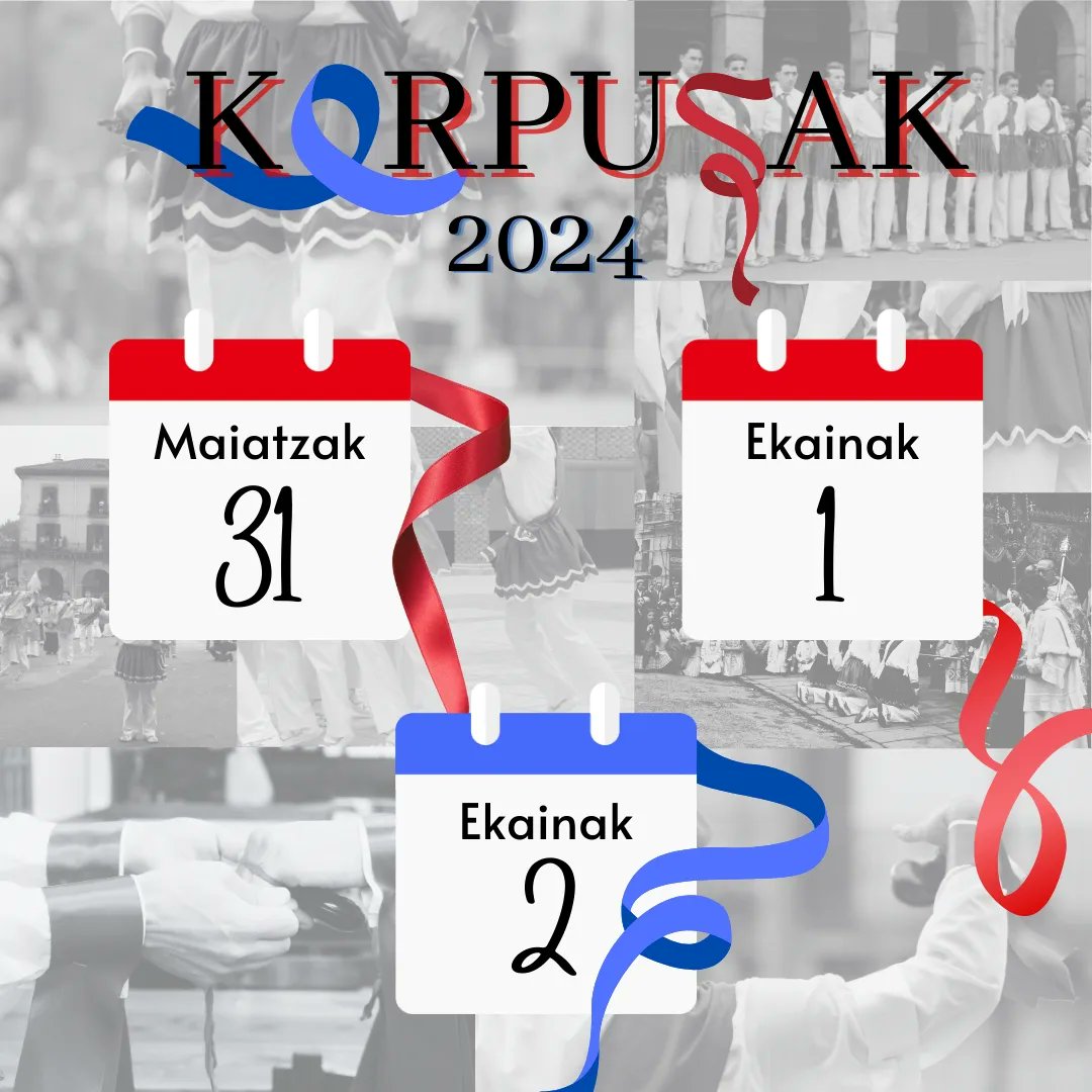 oinatzdantza's tweet photo. KORPUSAK 2024

Iritsi dira aurten ere Korpusak. Maiatzaren 31ean hasiko dira eta ekainaren 2an amaitu. Dantzaz, makilaz, arkuz, kriskitin eta txistu hotsez beteriko hiru egun bete izango ditugu. 

Ea eguraldia lagun edukitzen dugun!

Astebukaera arte!

(1/2) https://t.co/ZN8lSDVYiM