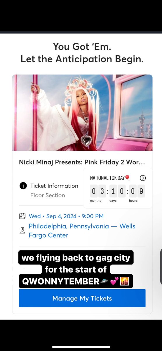 ShadyQOfficial's tweet image. bought my first birthday gift to myself early 🤭 flying back into #GagCity to see the Queen @NICKIMINAJ 🛸💕🌇 #PinkFriday2Tour