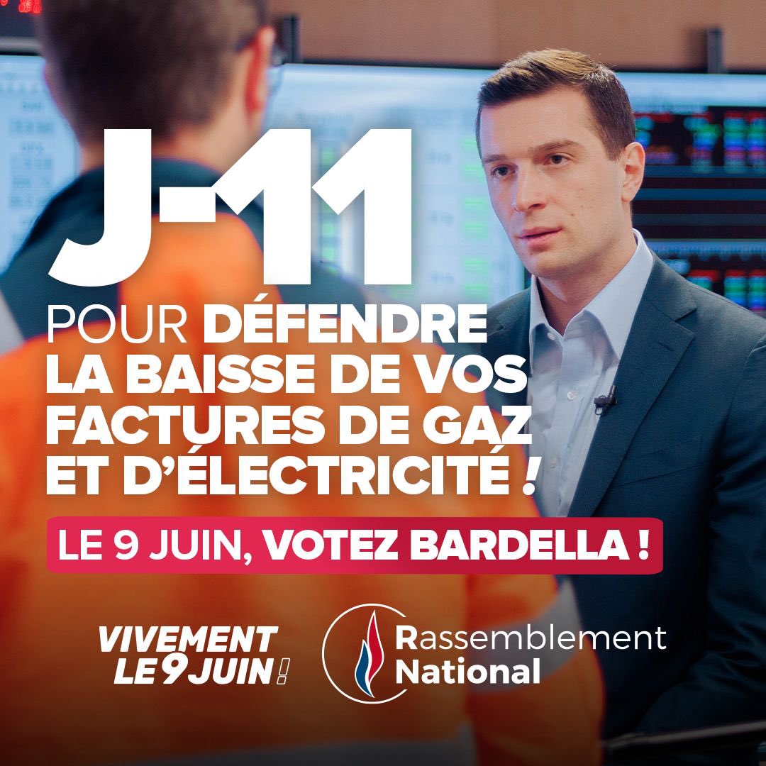 🔵 J-11 pour défendre la baisse de vos factures de gaz et d'électricité ! J-11 pour défendre la sortie des règles de fixation des prix du marché européen de l'énergie et la relance du nucléaire ! Le 9 juin, pas d’abstention et un seul vote, @J_Bardella ! #VivementLe9Juin