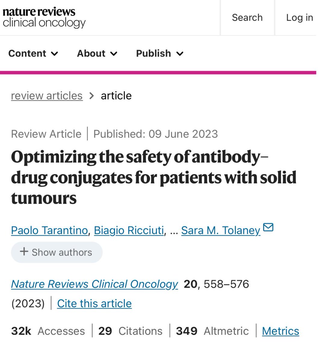 PTarantinoMD's tweet photo. Grateful to @Nature for selecting our article on Optimizing the Safety of ADCs for their Outlook on Cancer treatment. As a result, the article will be open access for the next 6 months. Make sure to download a copy if you’re interested in ADCs! https://t.co/TUzAf6fdFw https://t.co/43xinI3slK