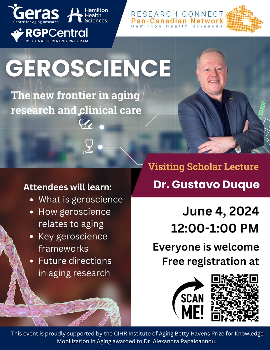 Have you ever wanted to learn more about Geroscience? On June 4 at noon, @GERAScentre present a webinar by visiting Scholar @DrGustavoDuque. Register: ow.ly/brtZ50S0UyI With @RGPcentral & @HamHealthSci. Supported by a @CIHR_IA Betty Havens Prize awarded to @dr_alexandrap