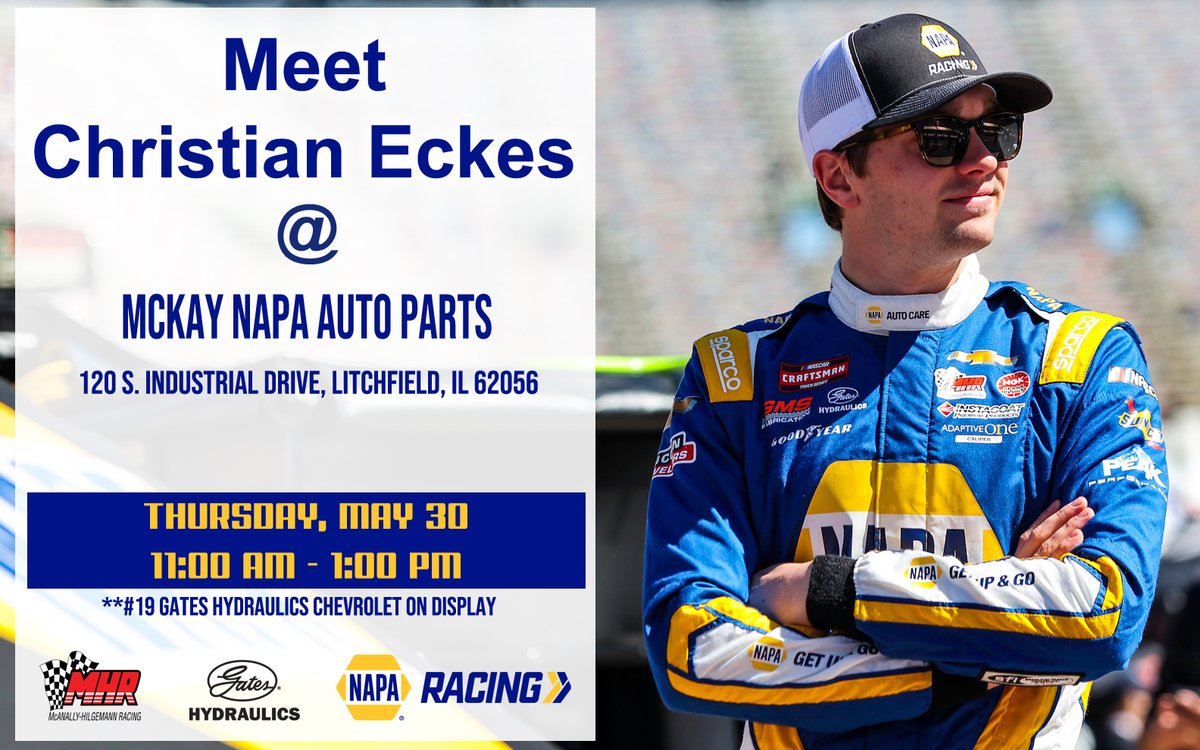 Who's coming to @WWTRaceway?! If you're in the area, you can meet @christianeckes at McKay NAPA Auto Parts from 11am - 1pm TOMORROW! 📍120 S. Industrial Dr., Litchfield, IL 🕰️11:00 am - 1:00 pm 🛻 The No. 19 @GatesNAmerica Chevrolet will be on display. #NASCAR #TeamNAPA