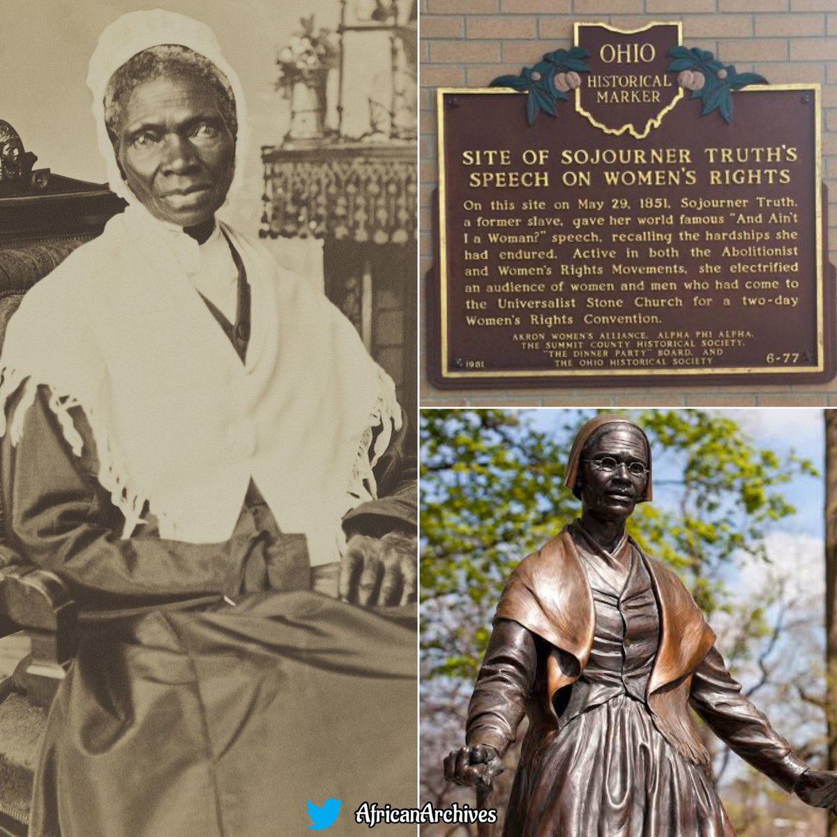 On this day in 1851, Sojourner Truth delivered the "Ain't I a Woman?" speech at the Women's Convention in Akron, Ohio.

“Well, children, where there is so much racket there must be something out of kilter. I think that ‘twixt the Negroes of the South and the women at the North,