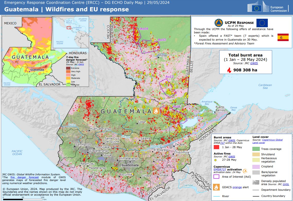 En respuesta a los #IncendiosForestales en #Guatemala, la UE activó @CopernicusEU para la cartografía rápida y está desplegando 7 expertos 🇪🇸 a través del Mecanismo #EUCivilProtection para ayudar a las autoridades

Estamos preparados para seguir ayudando. acortar.link/ZPaXFx