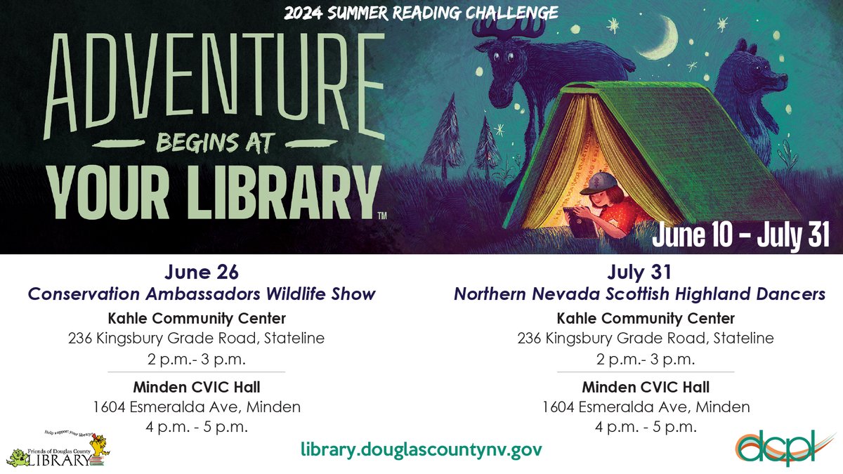 The Summer Reading Program runs June 10 -July 31 at the library!
June 26 we will have a Wildlife Show, 2-3pm at the Kahle Community Center, and 4-5pm at the CVIC Hall. On July 31 we will have Scottish Dancers, 2-3pm at the Kahle Community Center, and 4-5pm at the CVIC Hall.