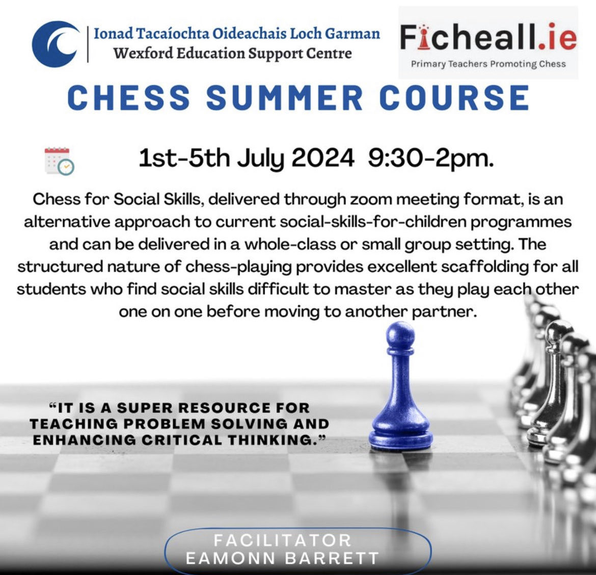 Wexford Education Support Centre (@wexfordedcentre) on Twitter photo Would you like your school to take part in the fantastic <a href="/Ficheall_ie/">Ficheall.ie</a> Chess Tournaments? Join <a href="/EamonnBarrett1/">Eamonn Barrett</a> on July 1st for this excellent Chess Summer Course and your students will love you for it!!!!Places are filling fast! Register at ecwexford.ie Would you like your school to take part in the fantastic <a href="/Ficheall_ie/">Ficheall.ie</a> Chess Tournaments? Join <a href="/EamonnBarrett1/">Eamonn Barrett</a> on July 1st for this excellent Chess Summer Course and your students will love you for it!!!!Places are filling fast! Register at ecwexford.ie