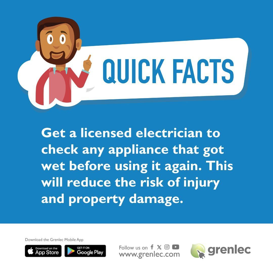 Get a licensed electrician to check any appliance that got wet before using it again. This will reduce the risk of injury and property damage. #electricalsafety