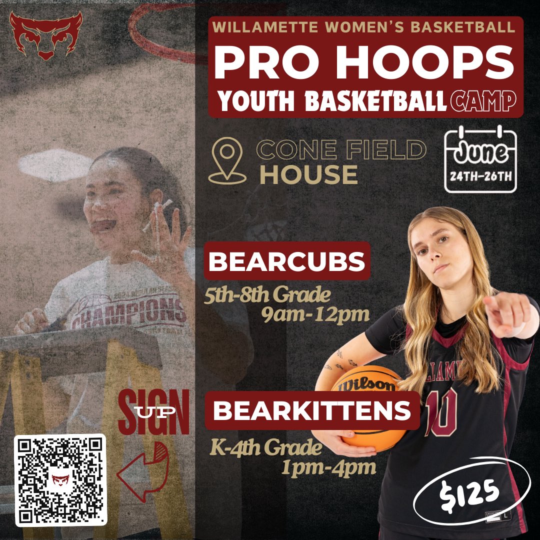 We are so excited to see YOU at our 2024 PRO HOOPS Youth Camp! Sign ⬆️ TODAY!

Join us on June 24th-26th for our BearCubs(5th-8th) Camp from 9am-12pm and BearKittens(K-4th) Camp from 1pm-4pm! 🏀🤩💪🏼

SIGN UP HERE ⬇️ 
…amettewomensbasketball.totalcamps.com/About%20Us